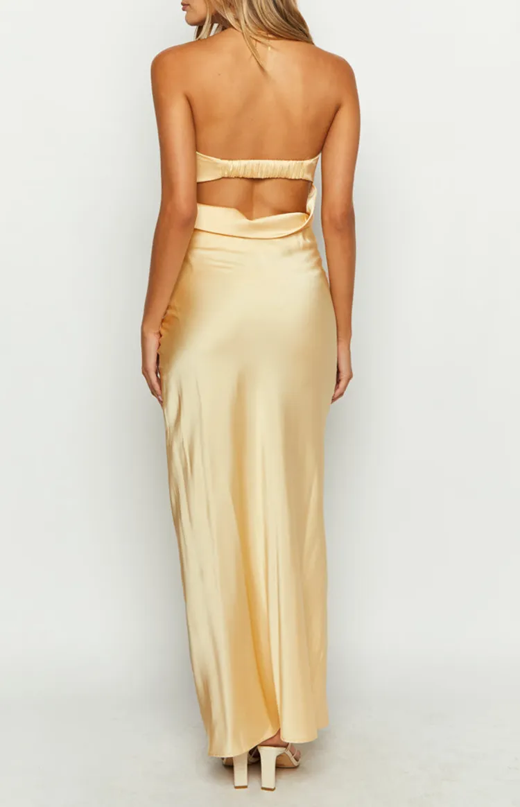 Strapless Yellow Satin Maxi Dress