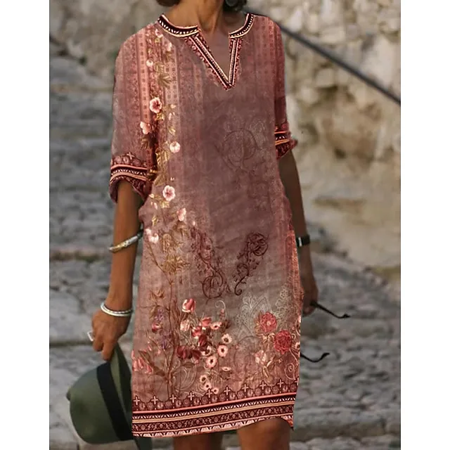 Women‘s Casual Dress Ethnic Dress Shift Dress Midi Dress Leopard Black White Half Sleeve Floral Print Summer Spring V Neck Basic Daily Vacation Weekend 2023 S M L XL XXL 3XL