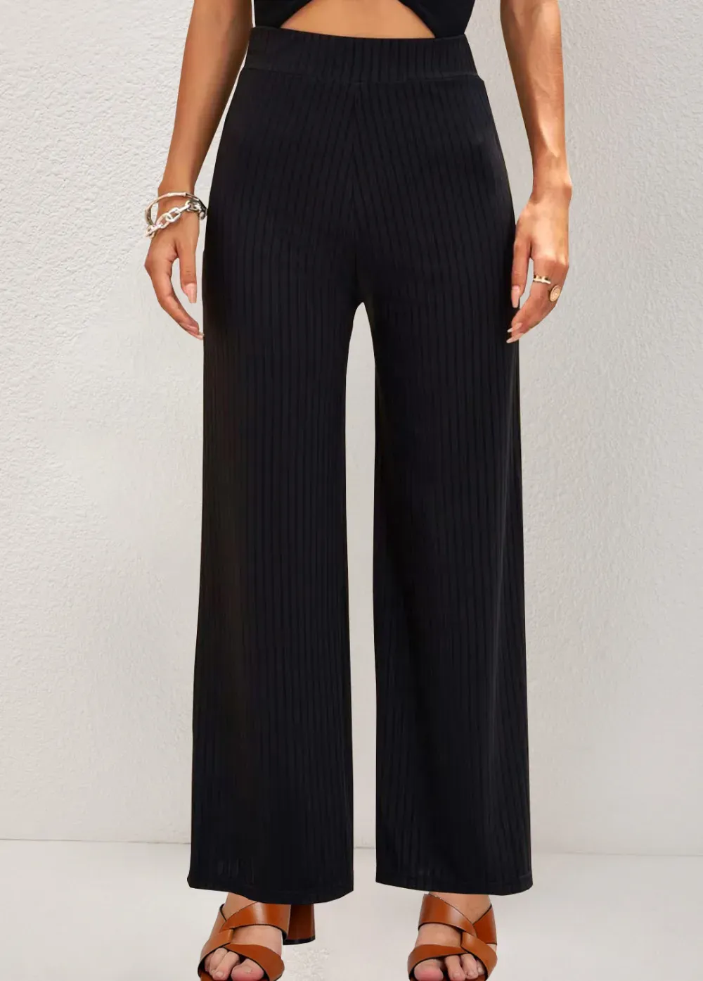 Straight Leg Black Elastic High Waisted Pants