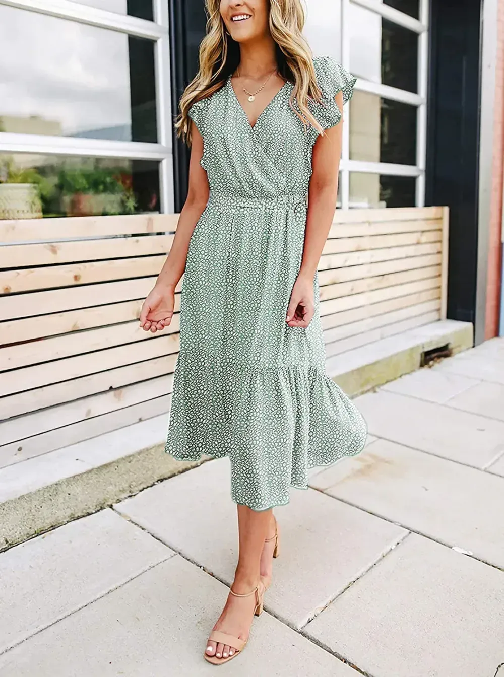 Women Summer Bohemian Floral Casual Wrap V Neck Ruffle Cap Sleeveless Belt A-Line Pleated Hem Swing Midi Sun Dress