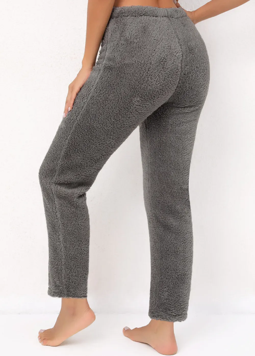 Grey Plush Elastic Waist High Waisted Pants