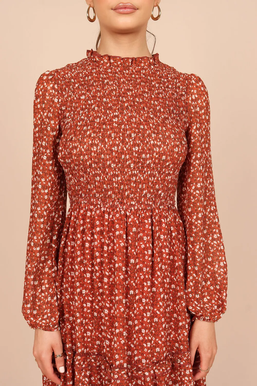 NAVY FLORAL SHIRRED FRILL LONG SLEEVE MIDI DRESS