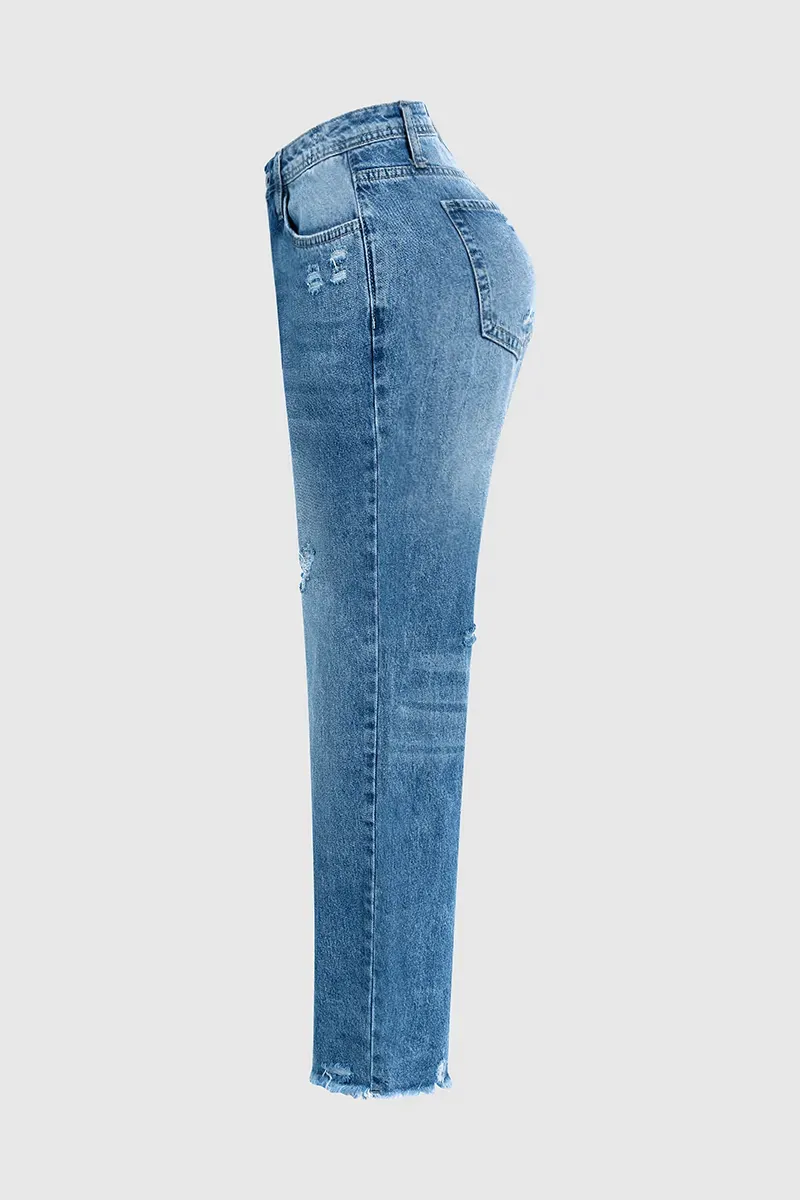 Ripped Raw Hem Zip Fly Mid Rise Straight Leg Jeans
