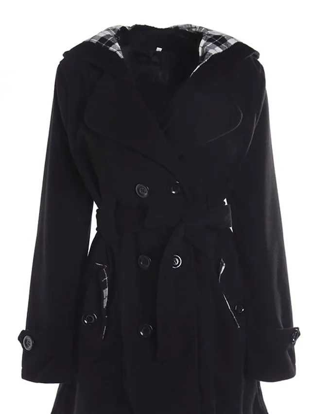 Women's Winter Coat Long Overcoat with Belt Elegant Pea Coat with Hood Double Breasted Warm Windproof Hoodie Jacket Fashion Daily Casual Outerwear Long Sleeve Black Wine Red S M L