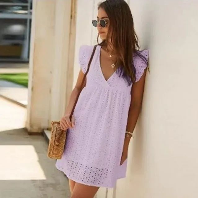 European and American women's new lace jacquard hollow V-neck dress women have pocket cloth shorts.