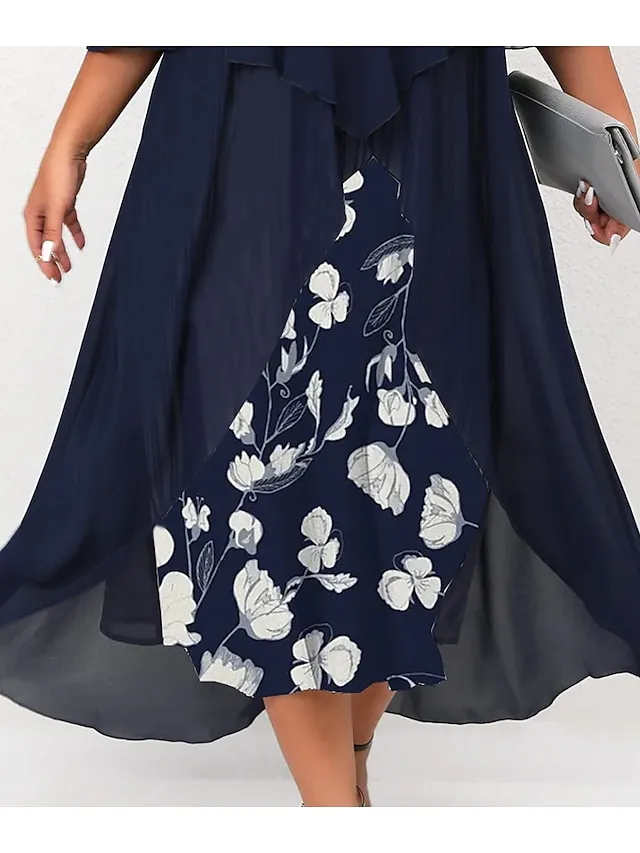 Women‘s Plus Size Curve Work Dress Floral V Neck Ruched 3/4 Length Sleeve Spring Summer Work Elegant Midi Dress  Layered Formal Vacation Dress Wedding Guest Dress