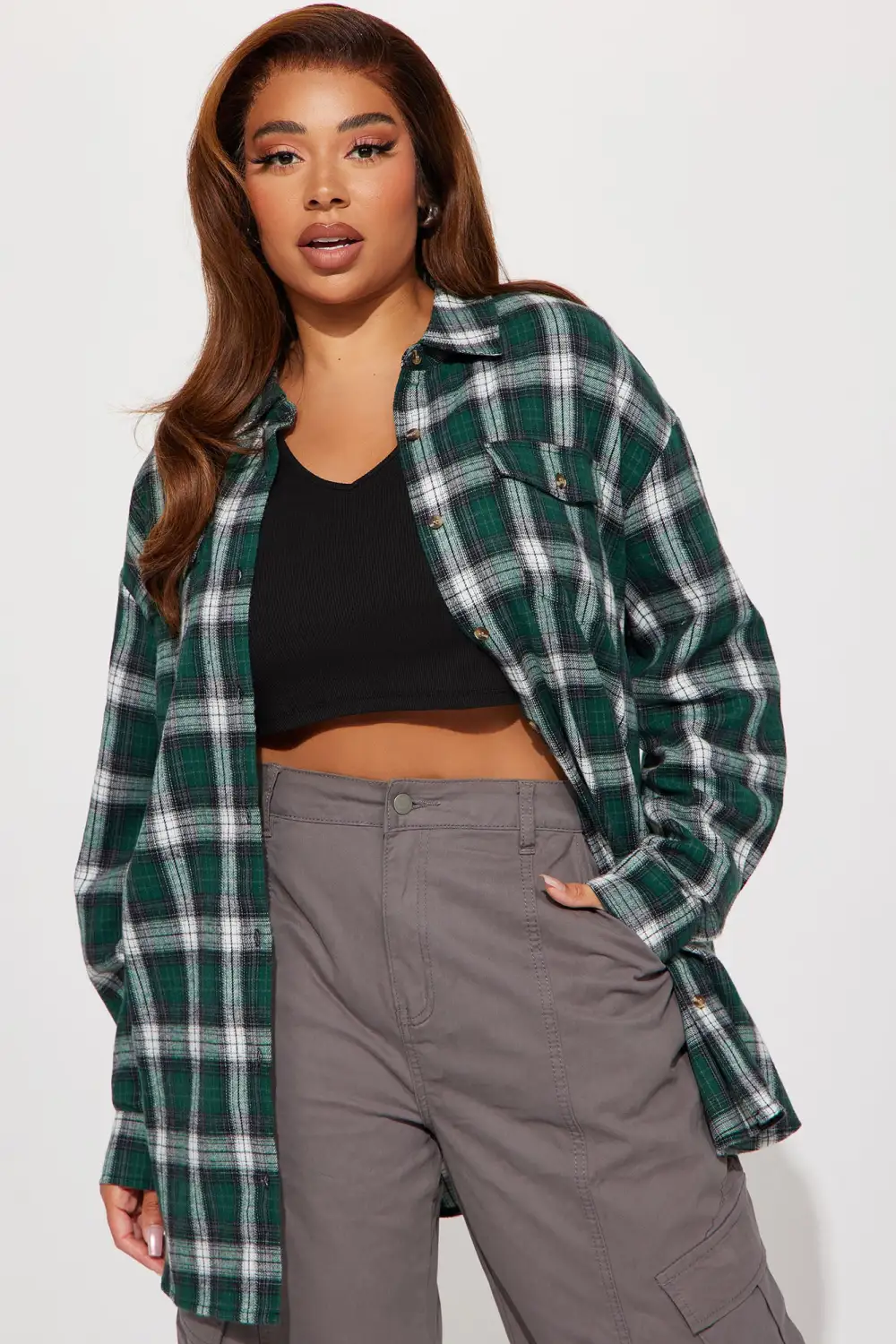 Pretty In Plaid Oversized Flannel Top - Green/combo