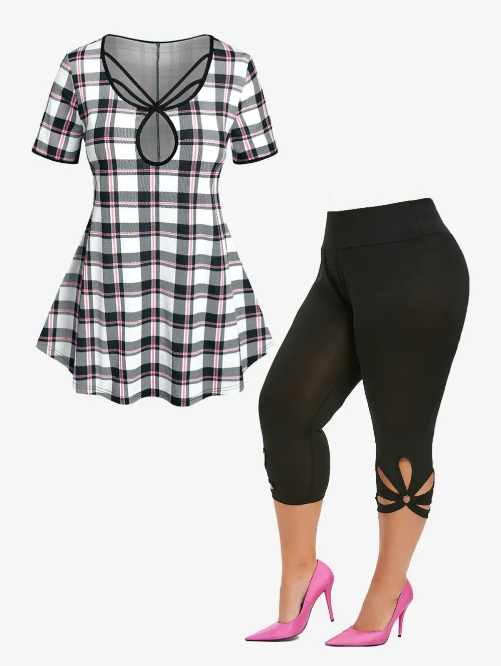 Strappy Keyhole Plaid T-shirt and Leggings Plus Size Summer Outfit