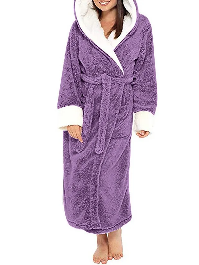 Women's Pajamas Bathrobe Robes Gown Pure Color Warm Plush Comfort Home Daily Bed Polyester Breathable Hoodie Long Sleeve Pocket Fall Winter Red Lavender