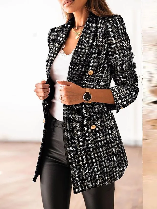 Women's Blazer Office Button Plaid Warm Fashion Regular Fit Outerwear Long Sleeve Winter Black S