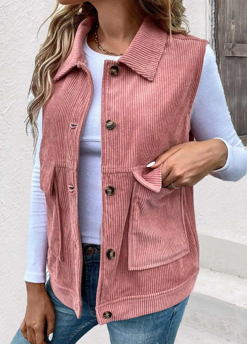 Dusty Pink Button Up Turn Down Collar Corduroy Waistcoat