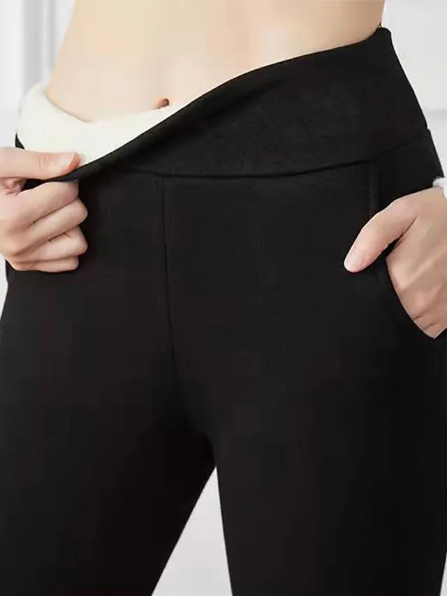 Women's Fleece Lined Leggings Warm Full Length Winter Leggings High Waist Basic Casual Office Daily Lamb wool leggings (kitten) Lamb cashmere leggings (leather label) S M Fall & Winter