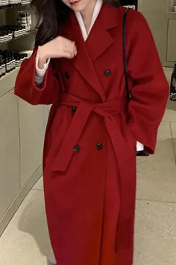 Solid Double Front Tie Breasted Lapel Coat
