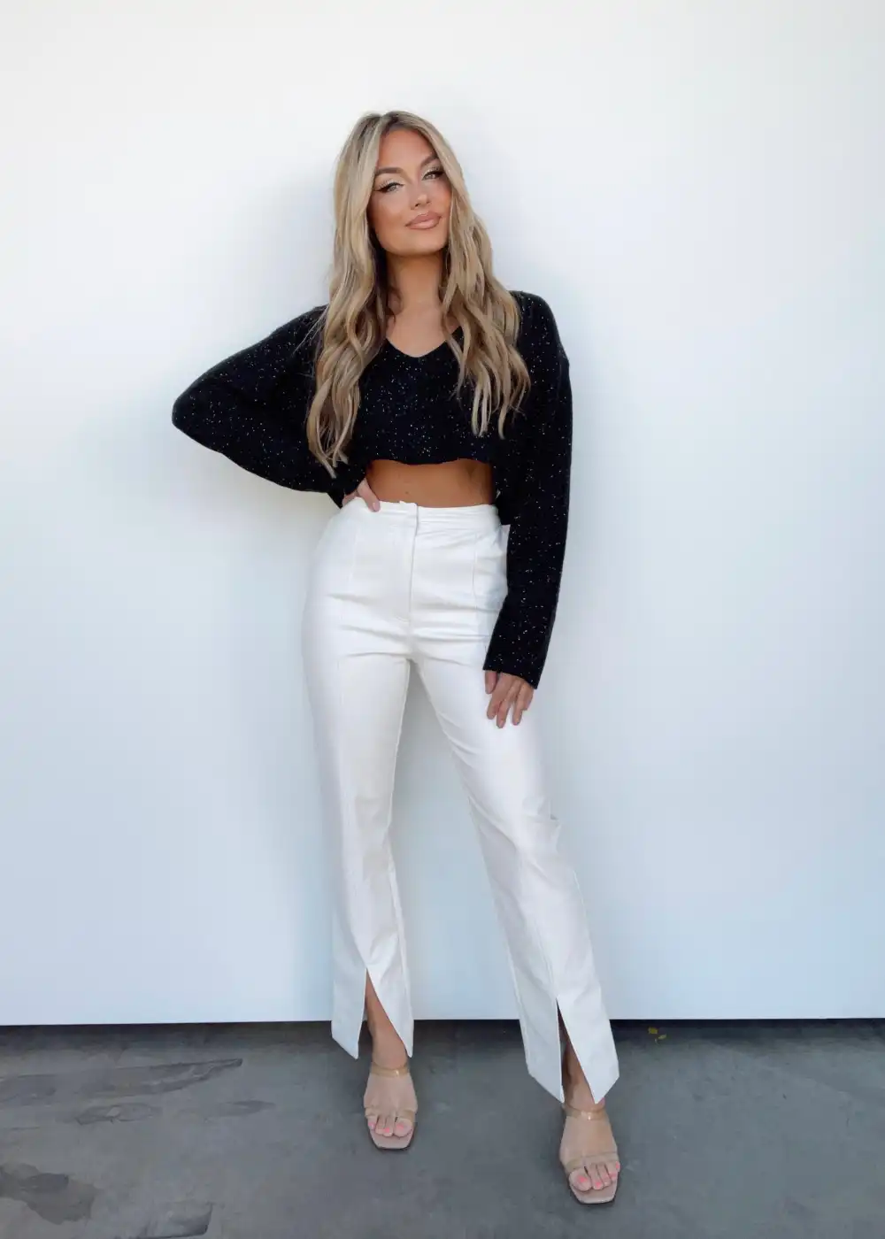 Ivory Front Slit Leather Pants