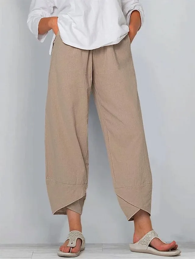 Women's Linen Pants Chinos Pants Trousers Cotton Plain Side Pockets Baggy Ankle-Length Mid Waist Fashion Casual Weekend Navy Blue khaki S M