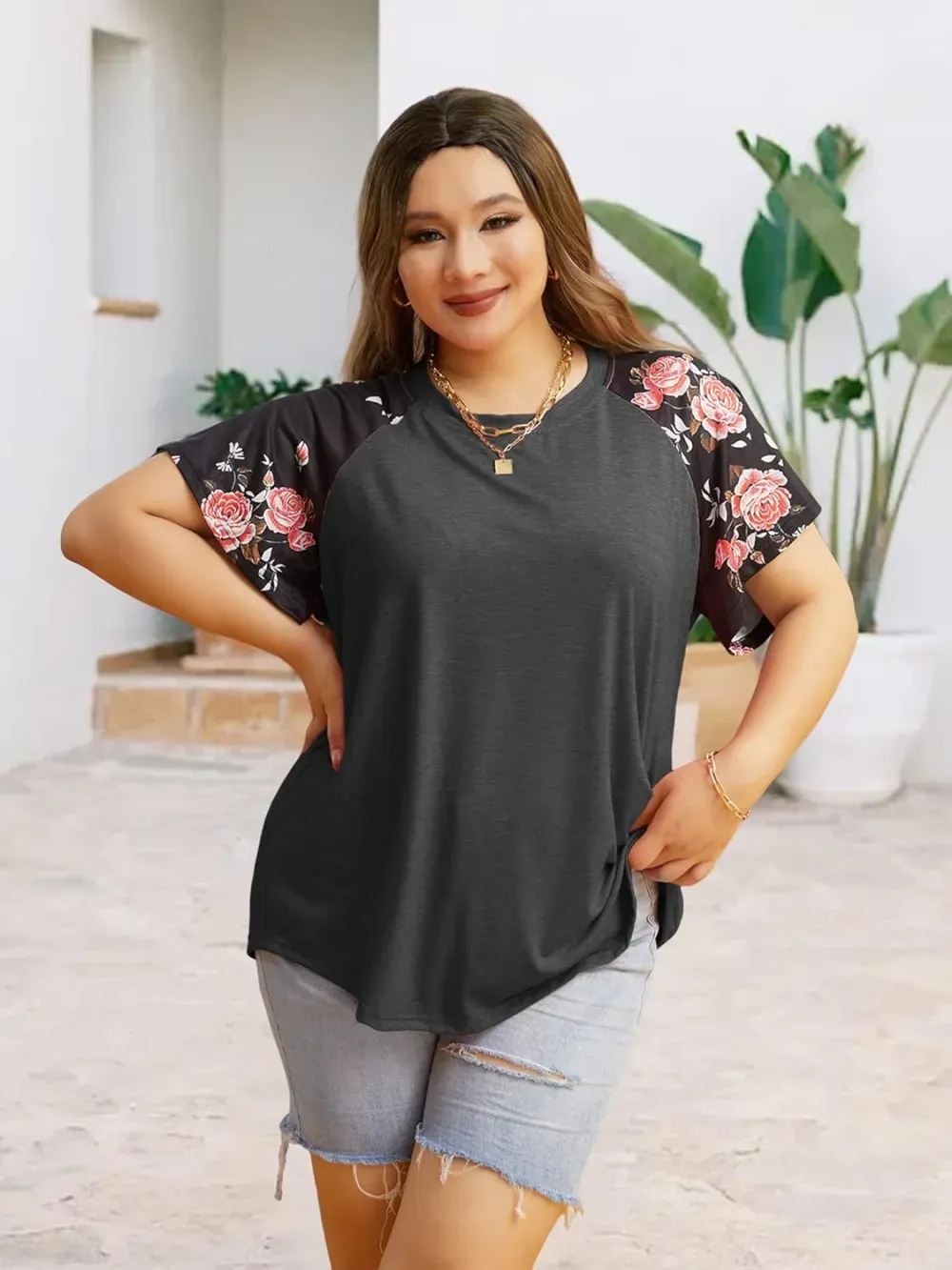 HDLTE Womens Plus Size Tops Floral Bell Sleeves Blouses Summer Crewneck Tunic Loose Casual T Shirts