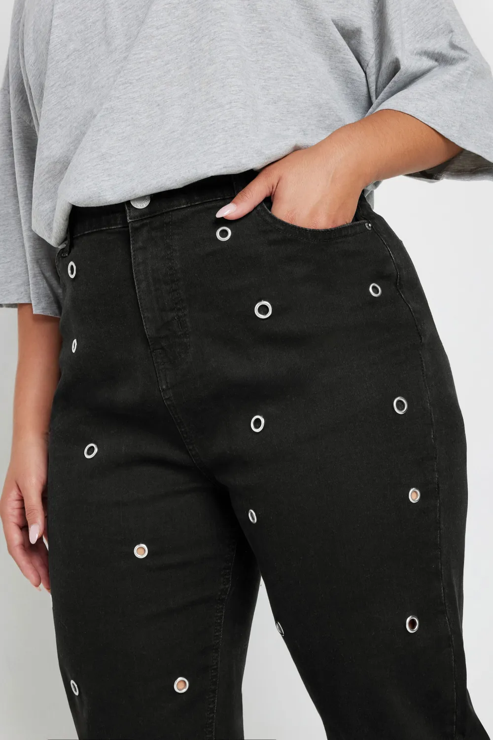 YOURS Curve Black Eyelet Detail Mom Jeans