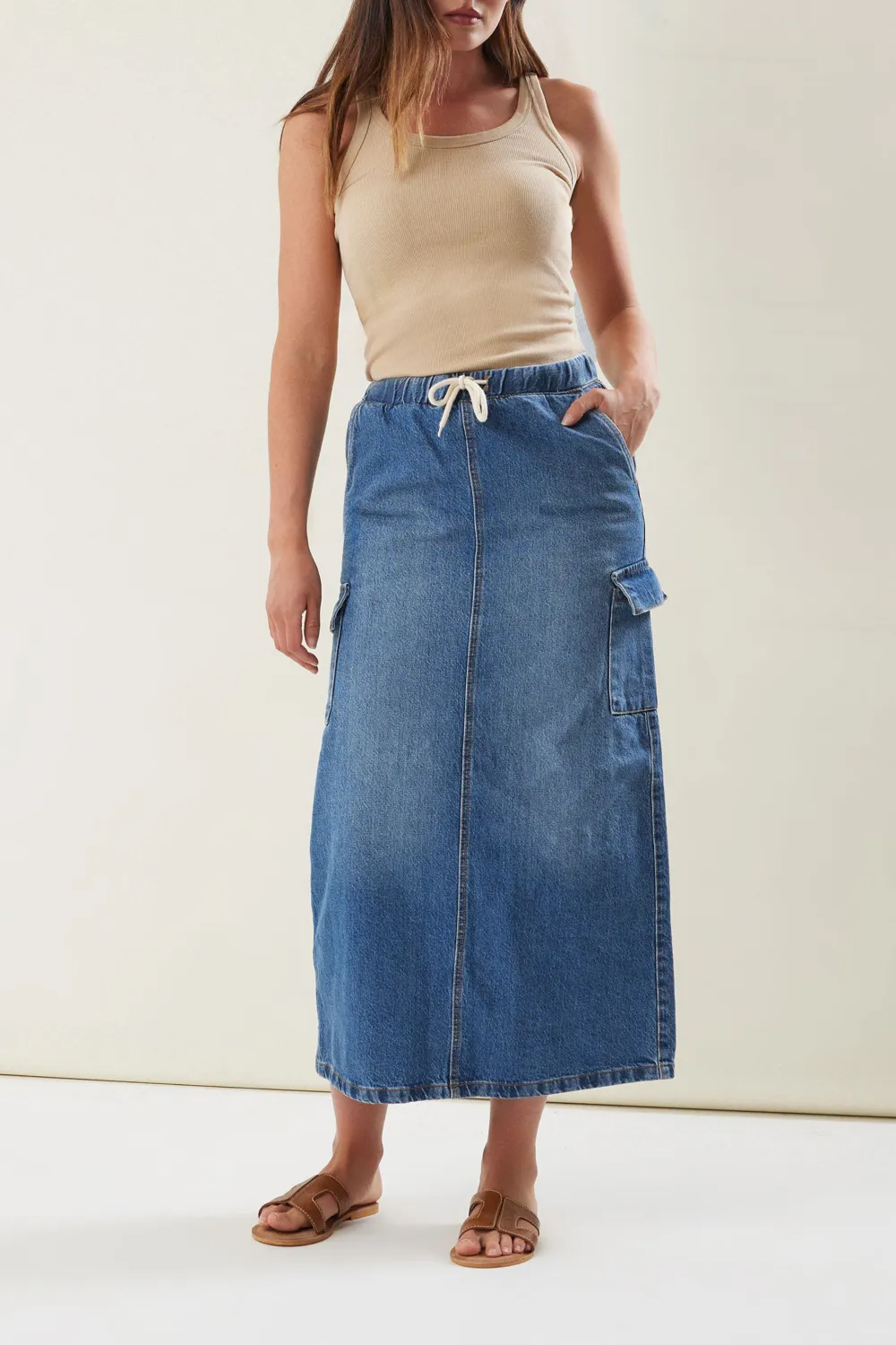 Drawstring Denim Skirt with Cargo Pockets