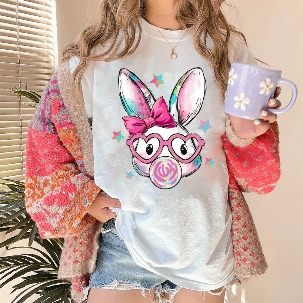 Easter Colorful Love Bow Bunny Blowing Bubbles Printed Round Neck Short Sleeve T-Shirt