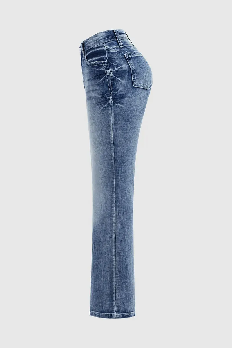 Pocket Detail Mid Rise Straight Leg Jeans