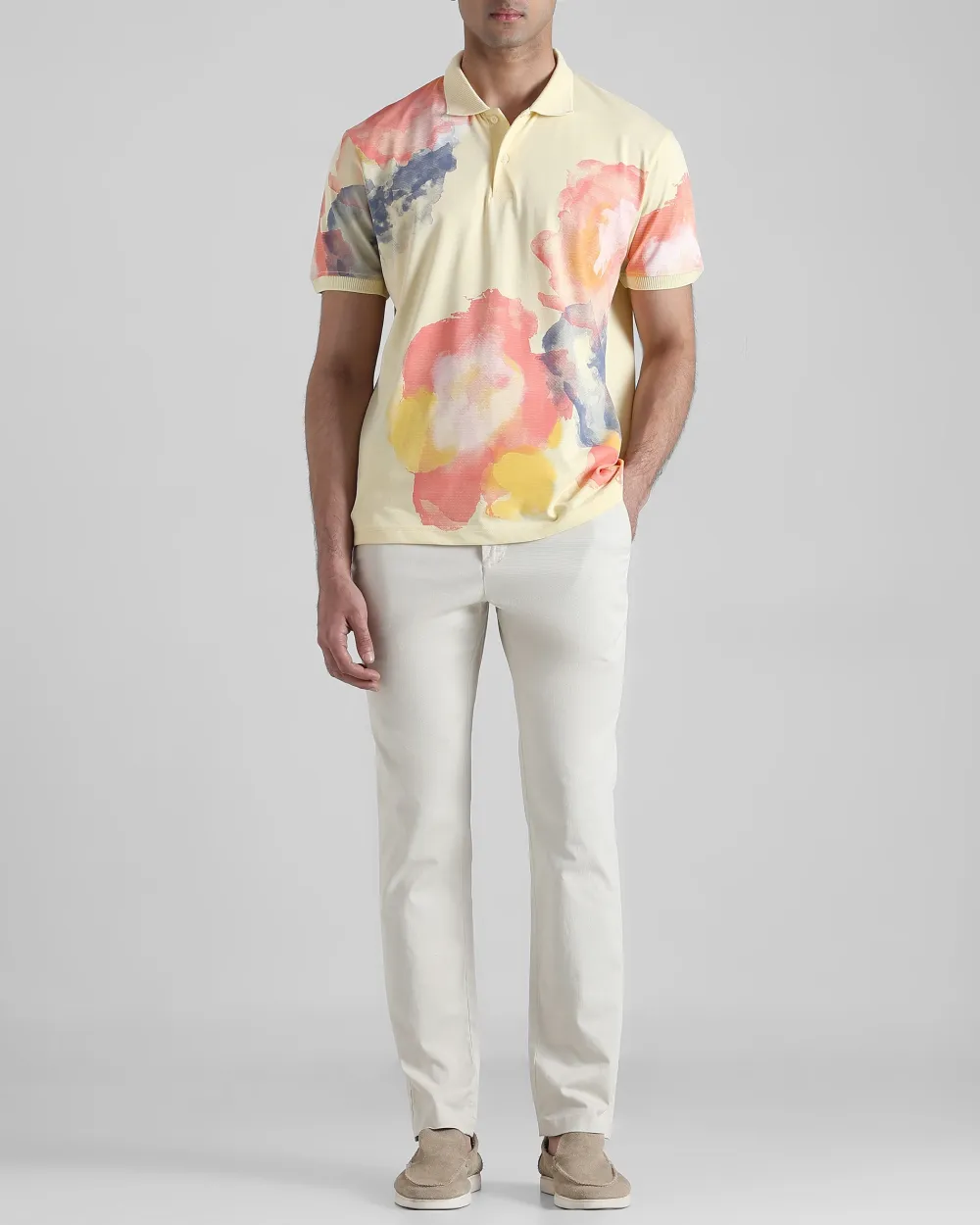 Daily Simple Light Yellow Floral Print Polo Shirt