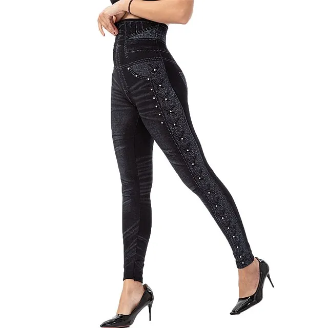 Women's Tights Leggings Jeggings Plain Tummy Control Butt Lift Ankle-Length Casual Weekend Faux Denim Fashion Skinny Black Blue High Waist High Elasticity