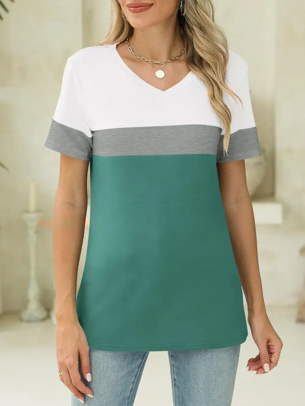 ORANDESIGNE Women's Color Block Short Sleeve T Shirts Casual V Neck Summer Tops Tees Loose Fit Blouses