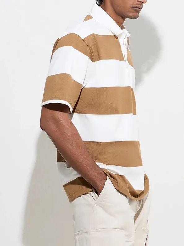 Brown Loose Cotton-Blend Polo T-Shirt