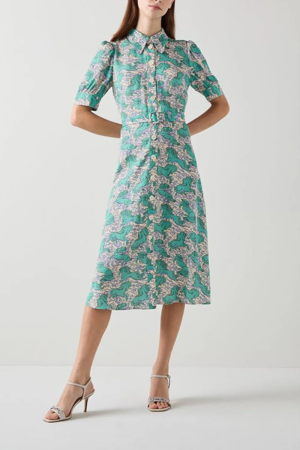 Green Floral Print Short Sleeve Midi Dress