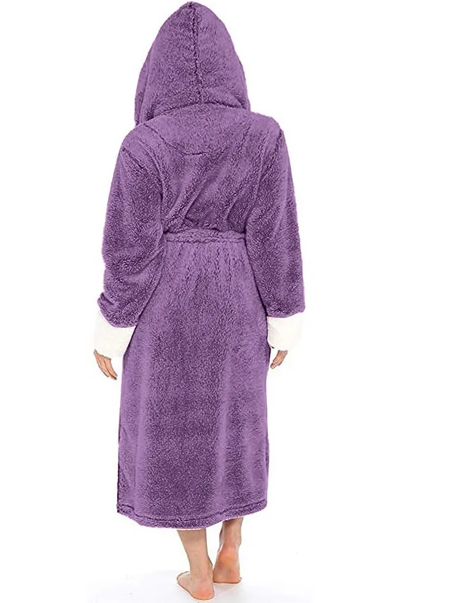 Women's Pajamas Bathrobe Robes Gown Pure Color Warm Plush Comfort Home Daily Bed Polyester Breathable Hoodie Long Sleeve Pocket Fall Winter Red Lavender