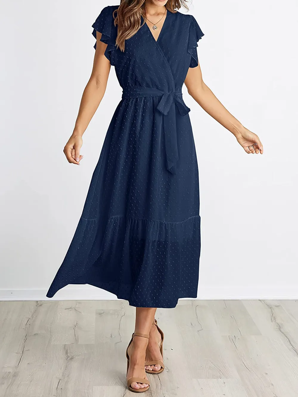 Women Summer Bohemian Floral Casual Wrap V Neck Ruffle Cap Sleeveless Belt A-Line Pleated Hem Swing Midi Sun Dress