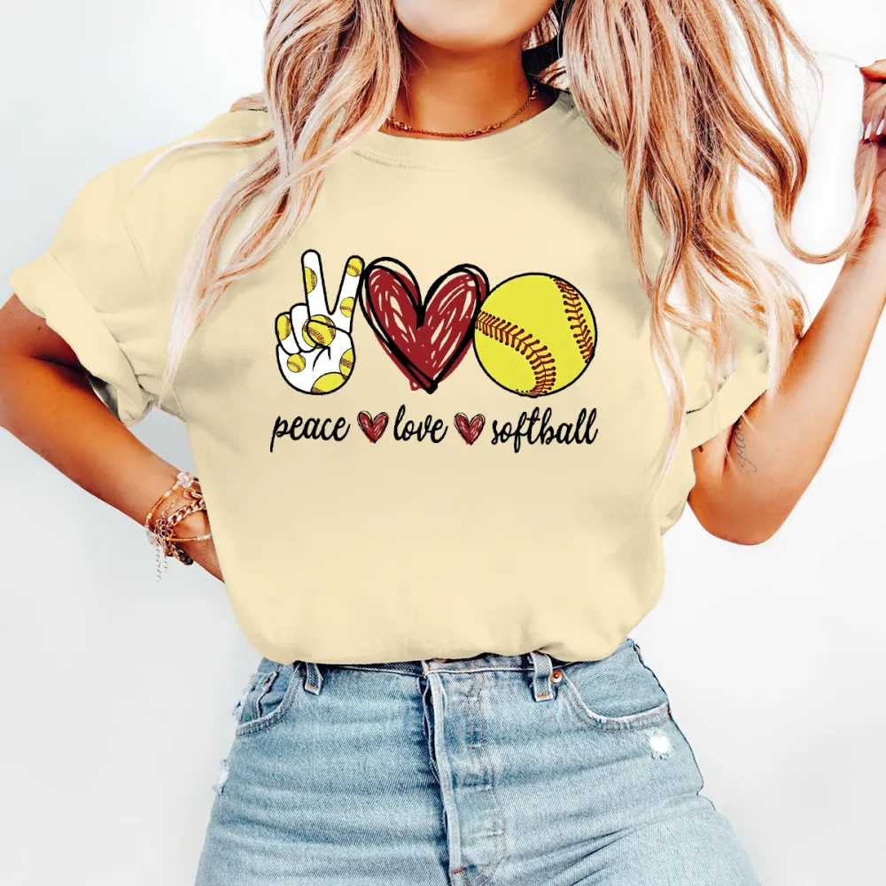 Peace Love Softball Printed Round Neck Short Sleeve T-Shirt
