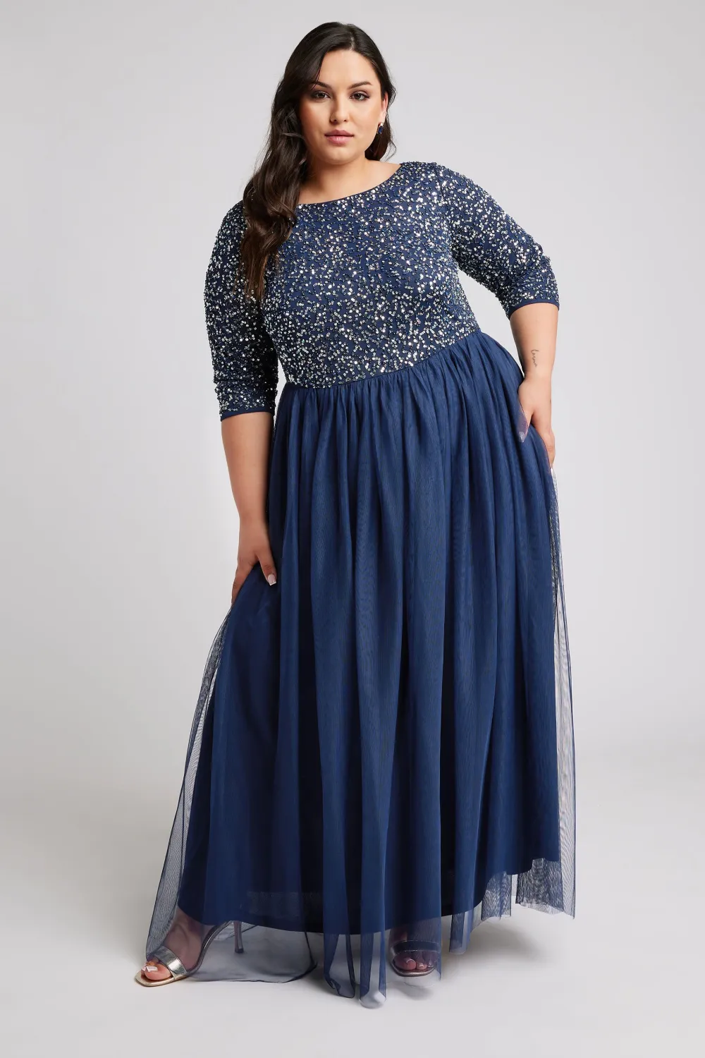 LUXE Curve Navy Blue Sequin Hand Embellished Maxi Dress
