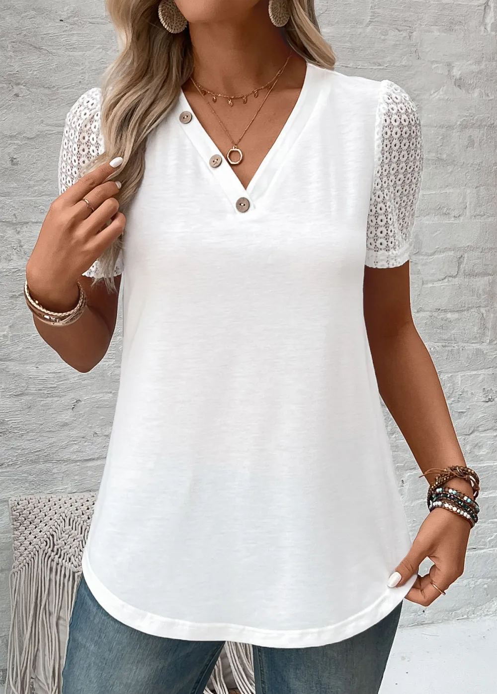 White Patchwork Short Sleeve V Neck T Shirt
