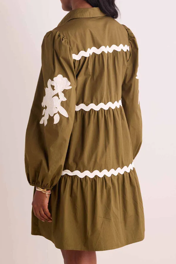 Olive Green Scallop Trim Long Sleeve Tiered Dress