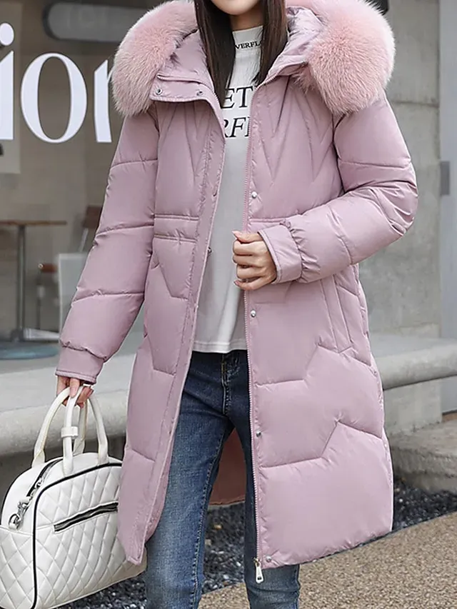 Women's Parka Winter Long Puffer Jacket Fall Windproof Warm Zipper Coat with Pocket Fur Collar Hood Modern Casual Street Style Plain Regular Fit Outerwear Long Sleeve Black White Pink