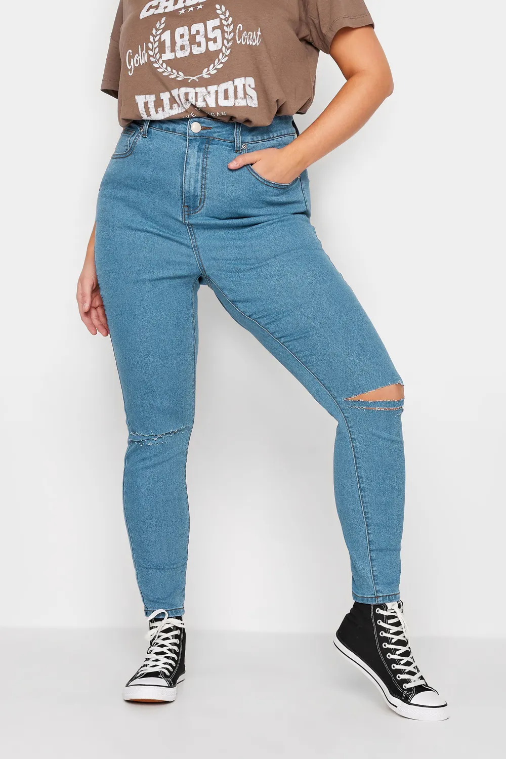 YOURS Curve White Ripped Knee Skinny Stretch AVA Jeans