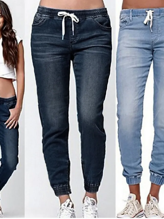 Women‘s Low Rise Jeans Pants Trousers Ankle-Length Denim Side Pockets Micro-elastic Mid Waist Fashion Casual Weekend Light Blue Black S M