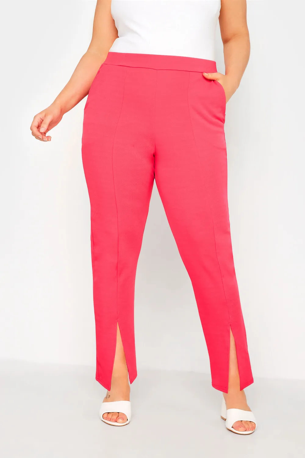 YOURS Curve Hot Pink Split Hem Stretch Tapered Trousers