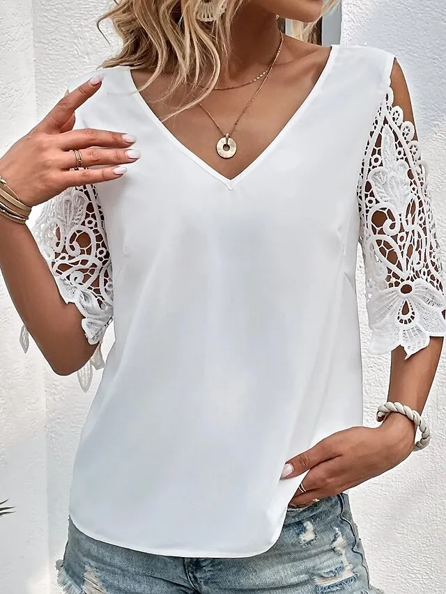 Women's Blouse White Pink Blue Plain Lace Cut Out Half Sleeve Daily Weekend Fashion Basic Elegant V Neck Regular Fit