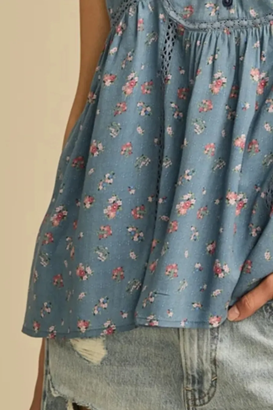 Blue Ditsy Trapunto Sleevless Shirt