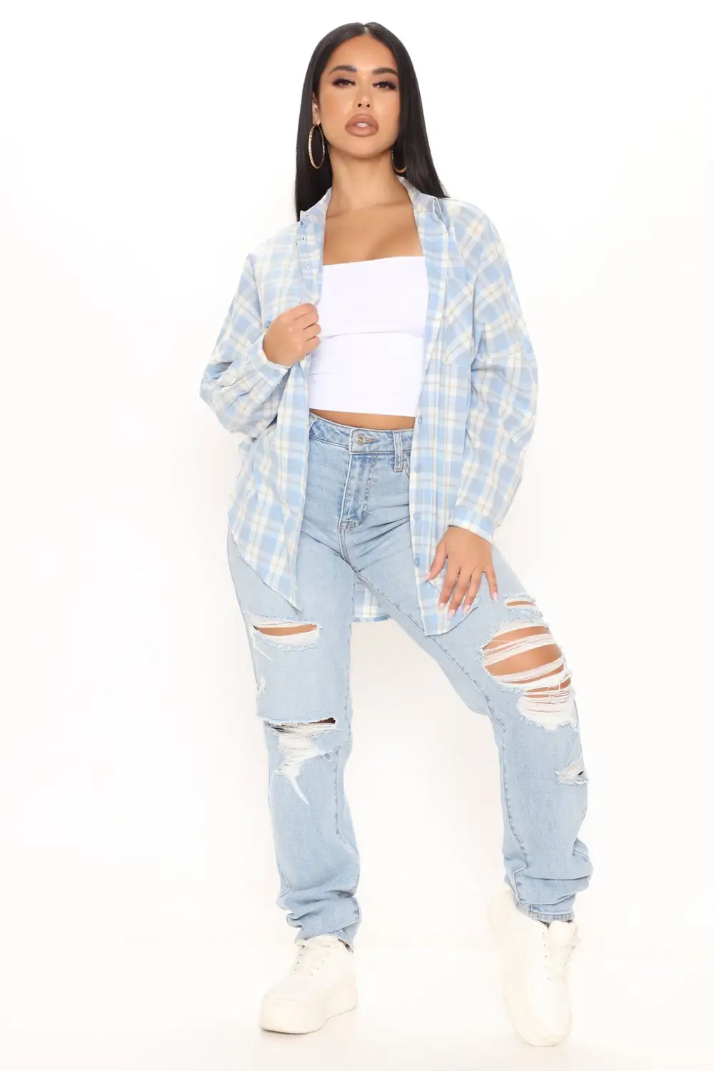 Giddy Up Over Size Plaid Shirt - Blue/combo