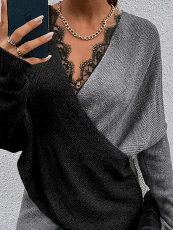 Women's Sweaters Two Color Lace V-Neck Long Sleeve Sweater
