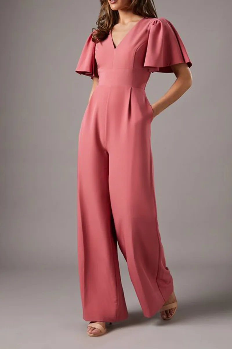 Casual Style Flutter Sleeve Plunge Jumpsuit