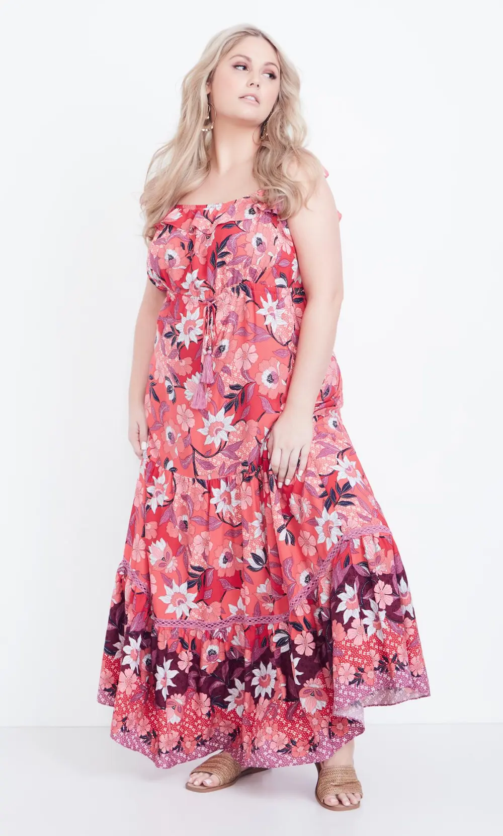 Evans Pink Floral Print Crochet Hem Midi Dress