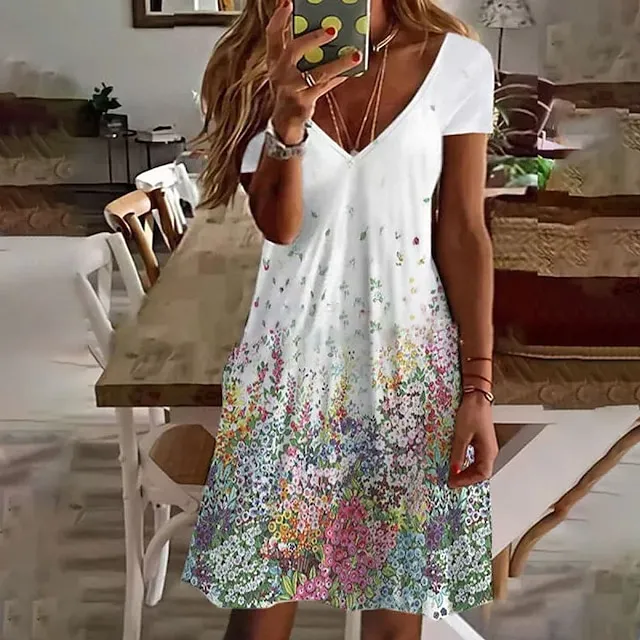 Women's Casual Dress Summer Dress Print Dress Floral Print V Neck Mini Dress Active Fashion Outdoor Daily Short Sleeve Regular Fit Black And White Olive Green Colourful Summer Spring S M L XL XXL
