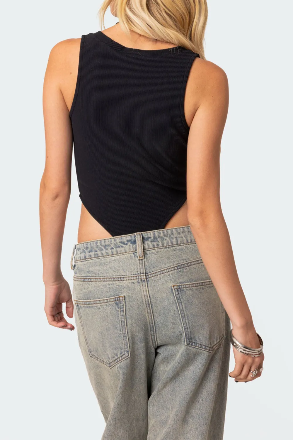 White High Cut Ribbed V Neck Bodysuit