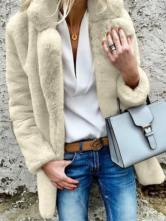Women's Fleece Jacket Teddy Coat Warm Breathable Street Daily Wear Vacation Going out Fleece Lined Open Front Turndown Casual Street Style Plain Regular Fit Outerwear Long Sleeve Fall Winter White