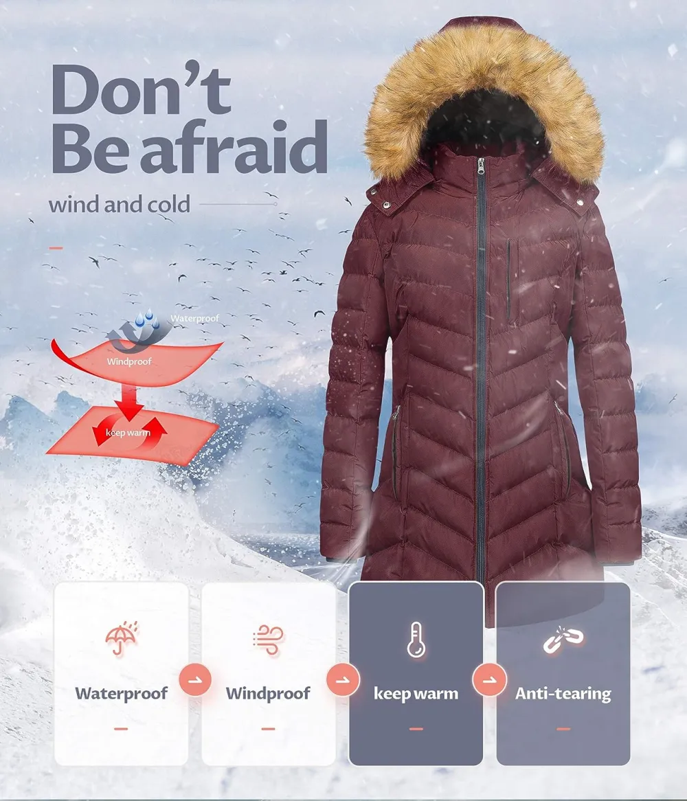 US Women's Winter Hooded Coat Waterproof Warm Long Puffer Jacket Parka