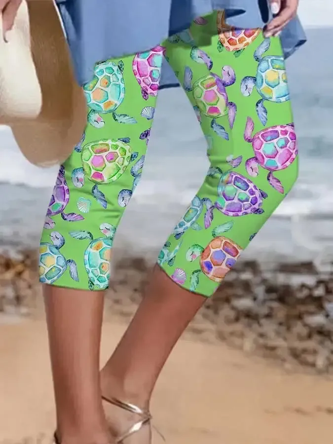 Vacation Watercolor Sea Turtle Print Leggings